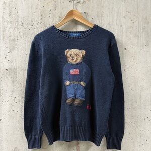 Polo Ralph Lauren Bear Flag Knit Sweater Navy Cotton Youth L Women Small Preppy